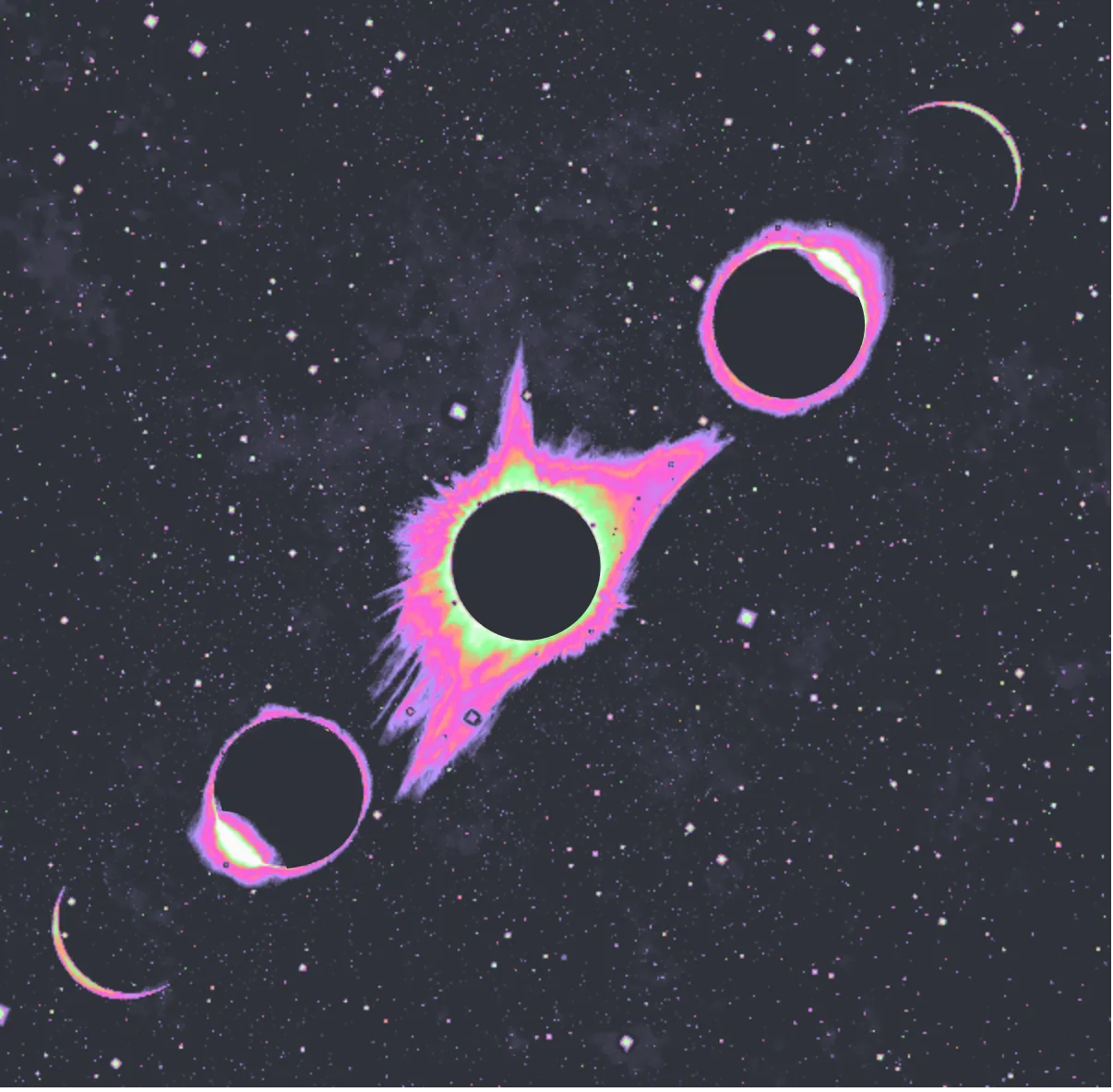 Abstract visualization of three connected celestial bodies
